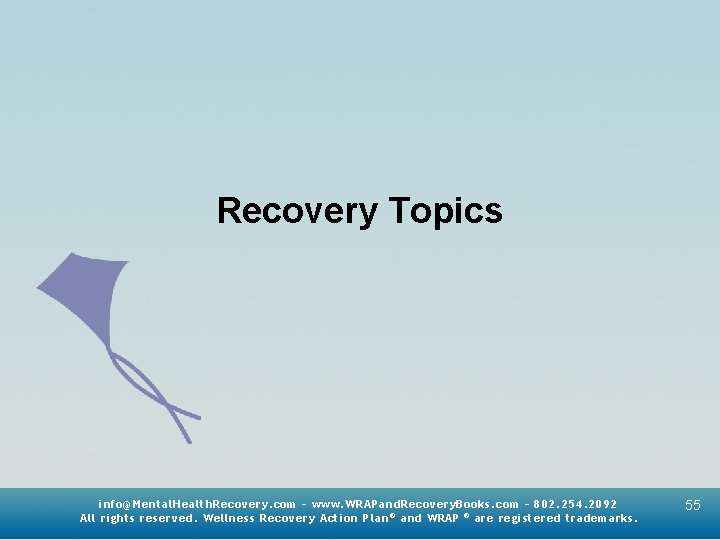 Recovery Topics info@Mental. Health. Recovery. com – www. WRAPand. Recovery. Books. com – 802.
