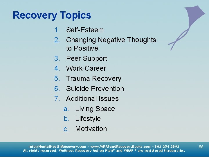 Recovery Topics 1. Self-Esteem 2. Changing Negative Thoughts to Positive 3. Peer Support 4.