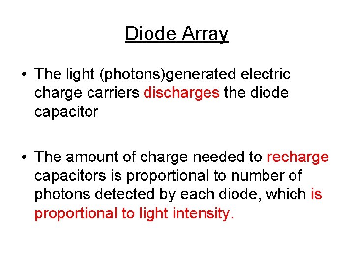 Diode Array • The light (photons)generated electric charge carriers discharges the diode capacitor •