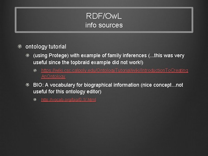 RDF/Ow. L info sources ontology tutorial (using Protege) with example of family inferences (.