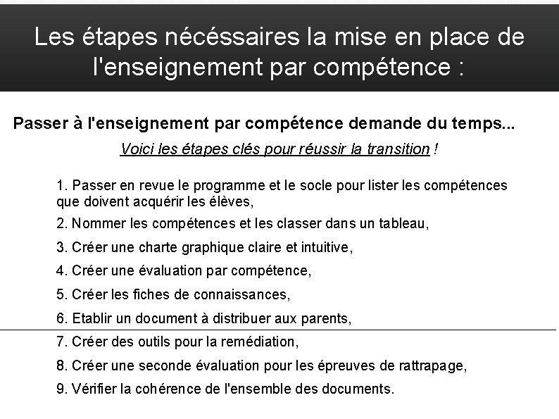 Les étapes nécéssaires la mise en place de l'enseignement par compétence : Passer à