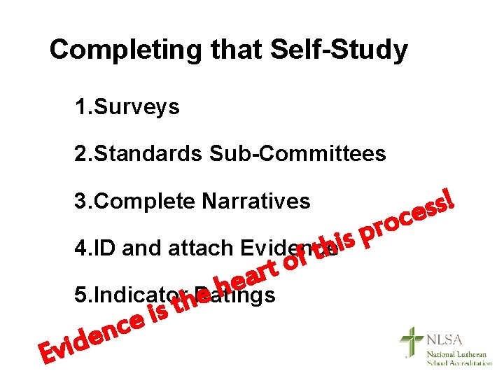 Completing that Self-Study 1. Surveys 2. Standards Sub-Committees 3. Complete Narratives E o r