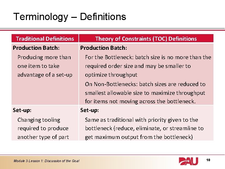 Terminology – Definitions Traditional Definitions Production Batch: Producing more than one item to take