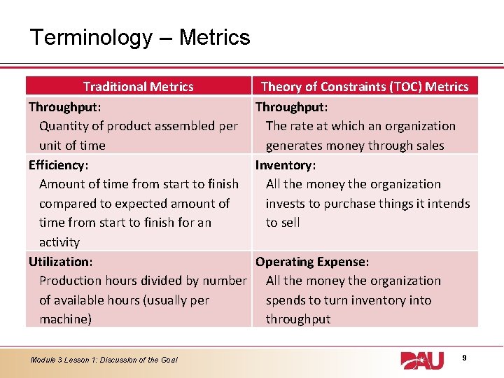 Terminology – Metrics Traditional Metrics Theory of Constraints (TOC) Metrics Throughput: Quantity of product