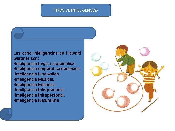 TIPOS DE INTELIGENCIAS Las ocho inteligencias de Howard Gardner son: • Inteligencia Lógica matemática.