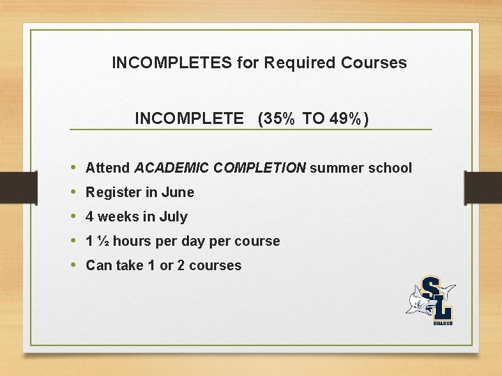INCOMPLETES for Required Courses INCOMPLETE (35% TO 49%) • • • Attend ACADEMIC COMPLETION