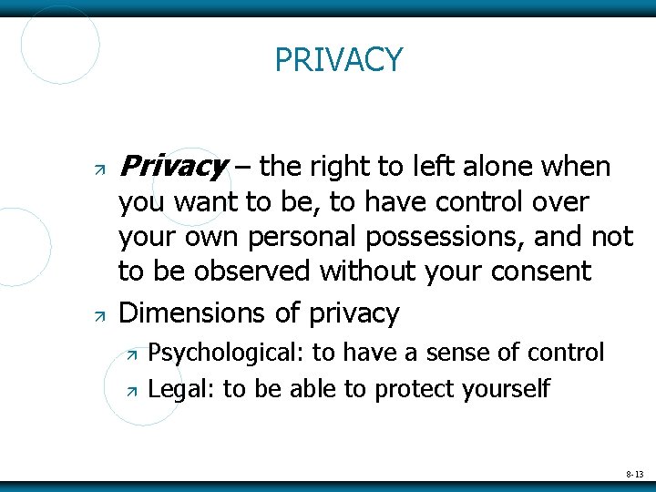 PRIVACY Privacy – the right to left alone when you want to be, to