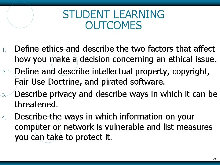 STUDENT LEARNING OUTCOMES 1. 2. 3. 4. Define ethics and describe the two factors