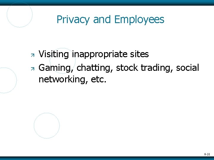 Privacy and Employees Visiting inappropriate sites Gaming, chatting, stock trading, social networking, etc. 8