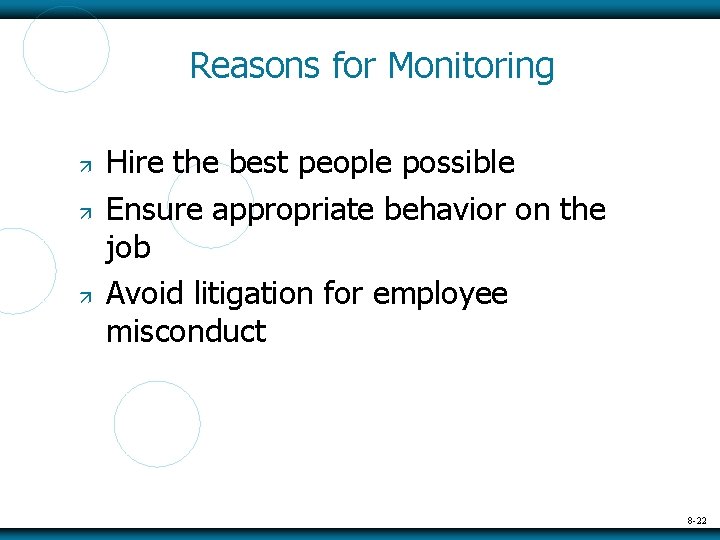 Reasons for Monitoring Hire the best people possible Ensure appropriate behavior on the job