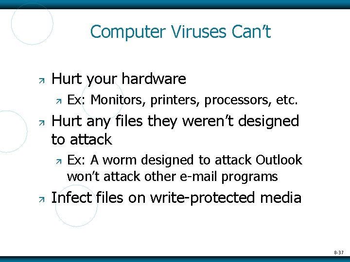 Computer Viruses Can’t Hurt your hardware Hurt any files they weren’t designed to attack