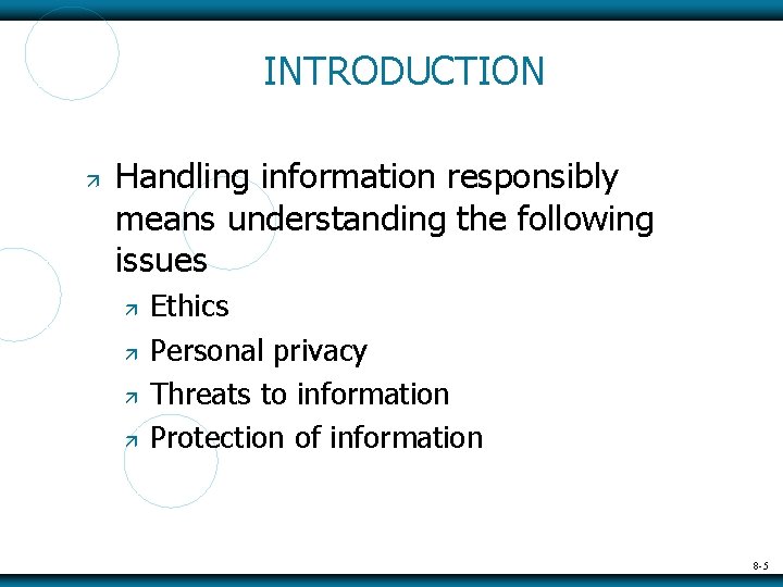 INTRODUCTION Handling information responsibly means understanding the following issues Ethics Personal privacy Threats to