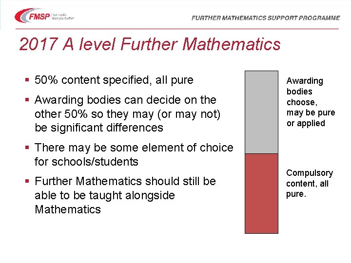 2017 A level Further Mathematics § 50% content specified, all pure § Awarding bodies