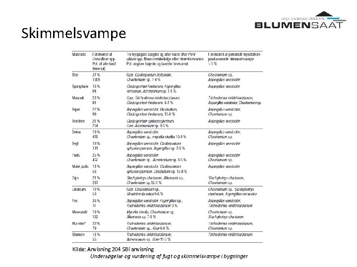 Skimmelsvampe Kilde: Anvisning 204 SBi anvisning Undersøgelse og vurdering af fugt og skimmelsvampe i