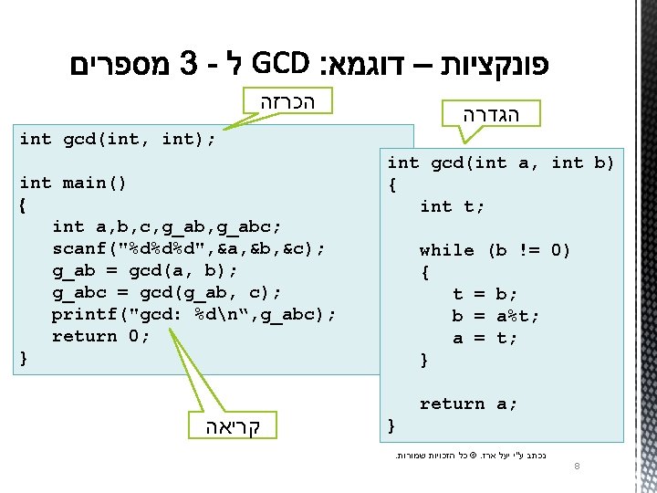  הכרזה הגדרה int gcd(int, int); int main() { int a, b, c, g_abc;