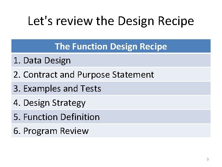 Let's review the Design Recipe The Function Design Recipe 1. Data Design 2. Contract