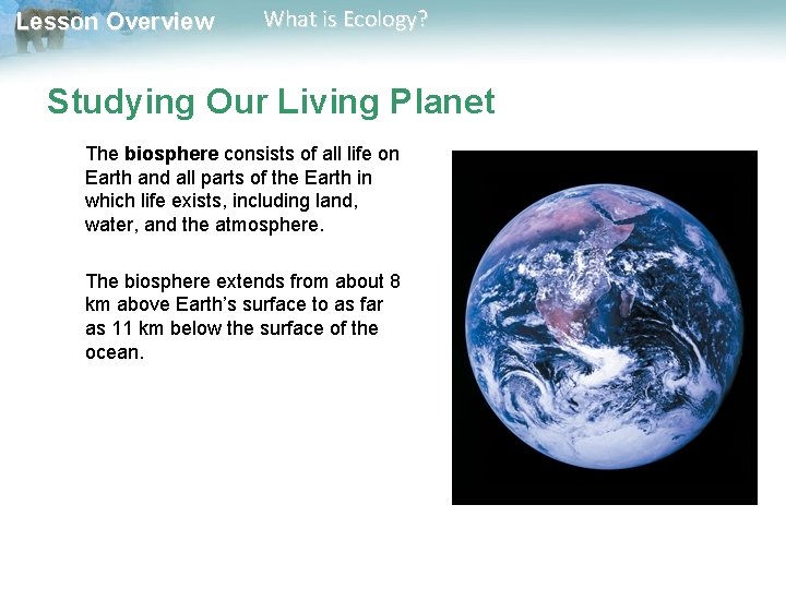 Lesson Overview What is Ecology? Studying Our Living Planet The biosphere consists of all