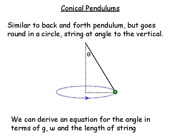 Conical Pendulums Similar to back and forth pendulum, but goes round in a circle,