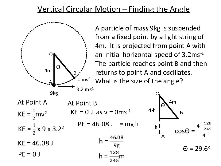 Vertical Circular Motion – Finding the Angle O 4 m Θ A 9 kg