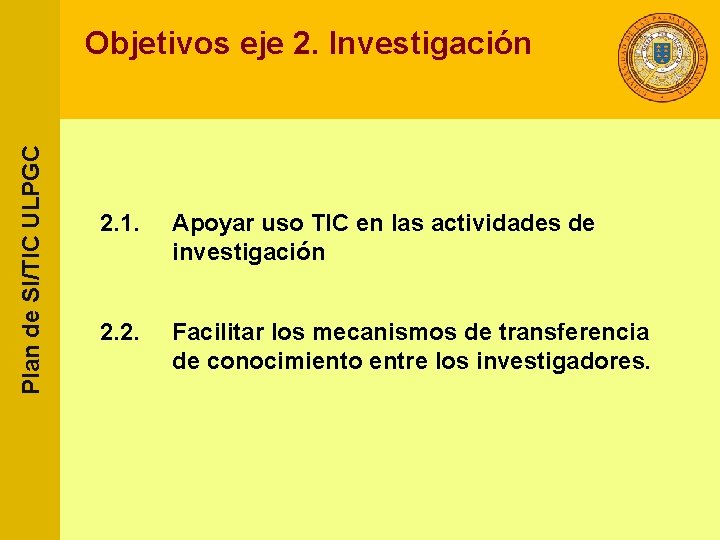 Plan de SI/TIC ULPGC Objetivos eje 2. Investigación 2. 1. Apoyar uso TIC en