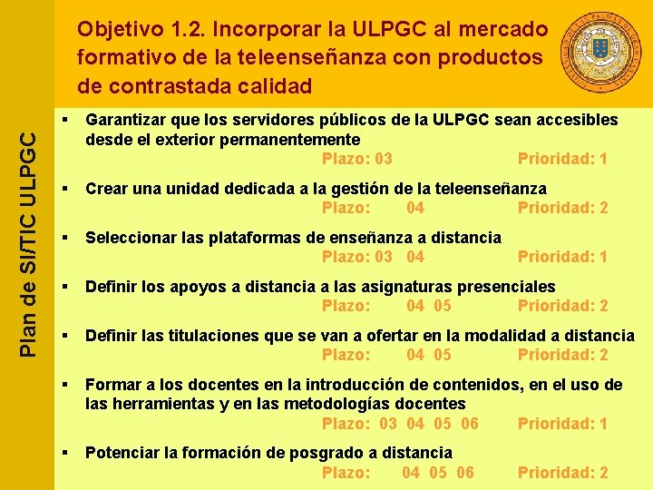 Plan de SI/TIC ULPGC Objetivo 1. 2. Incorporar la ULPGC al mercado formativo de