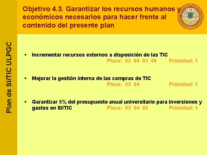 Plan de SI/TIC ULPGC Objetivo 4. 3. Garantizar los recursos humanos y económicos necesarios