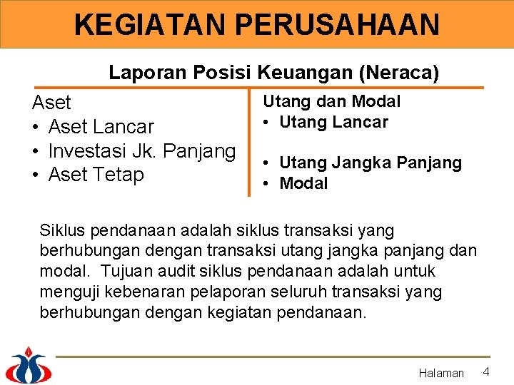 KEGIATAN PERUSAHAAN Laporan Posisi Keuangan (Neraca) Aset • Aset Lancar • Investasi Jk. Panjang