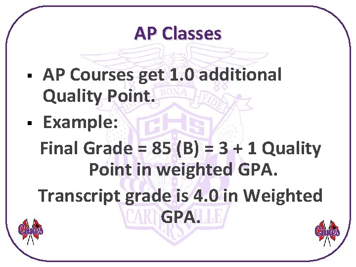 AP Classes AP Courses get 1. 0 additional Quality Point. § Example: Final Grade