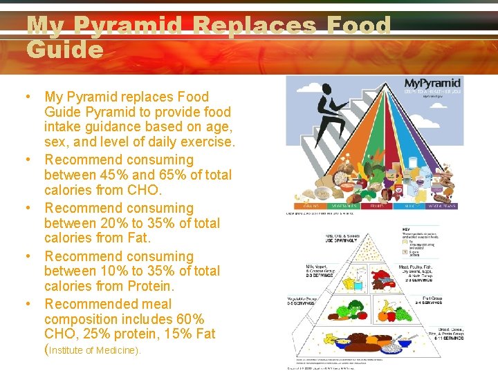 My Pyramid Replaces Food Guide • My Pyramid replaces Food Guide Pyramid to provide