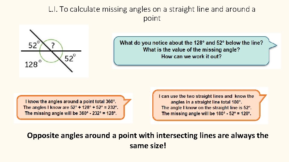 L. I. To calculate missing angles on a straight line and around a point