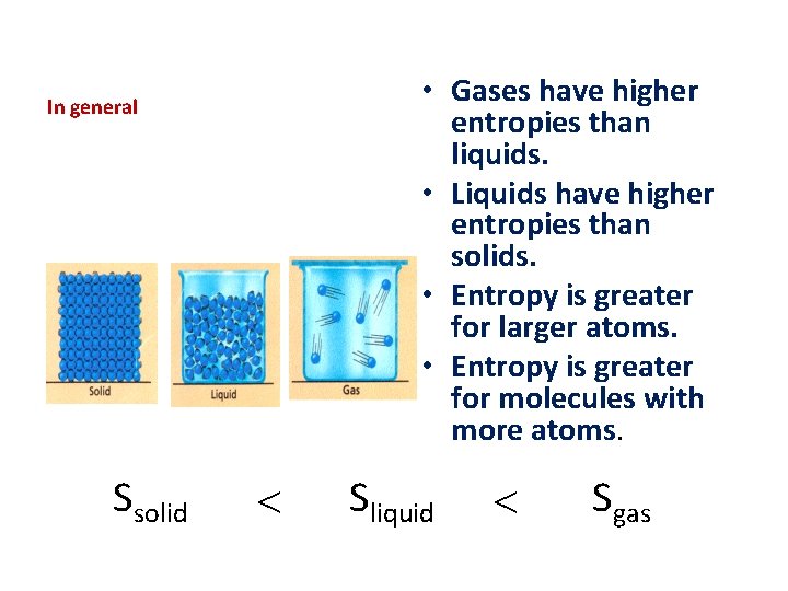  • Gases have higher entropies than liquids. • Liquids have higher entropies than