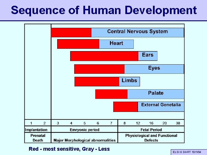 Sequence of Human Development Red - most sensitive, Gray - Less ELSI & DART