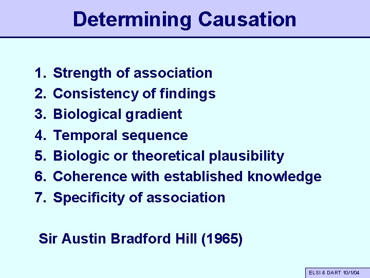 Determining Causation 1. 2. 3. 4. 5. 6. 7. Strength of association Consistency of