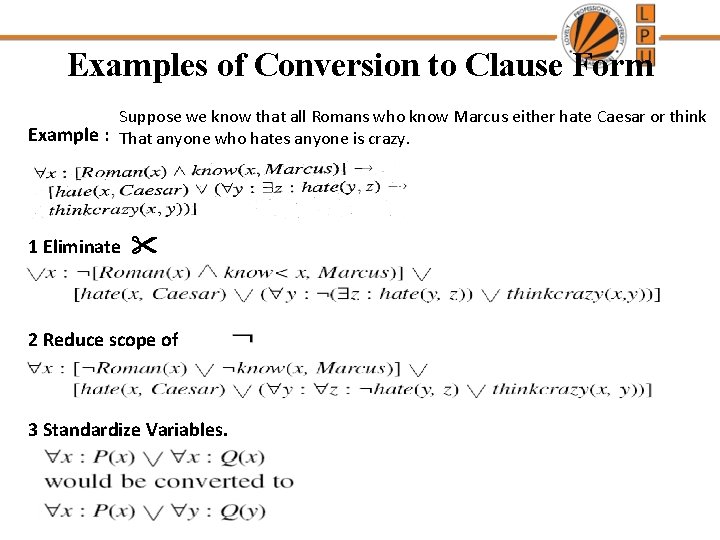 Examples of Conversion to Clause Form Suppose we know that all Romans who know