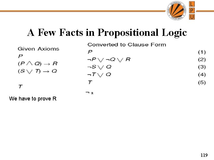 A Few Facts in Propositional Logic We have to prove R 119 