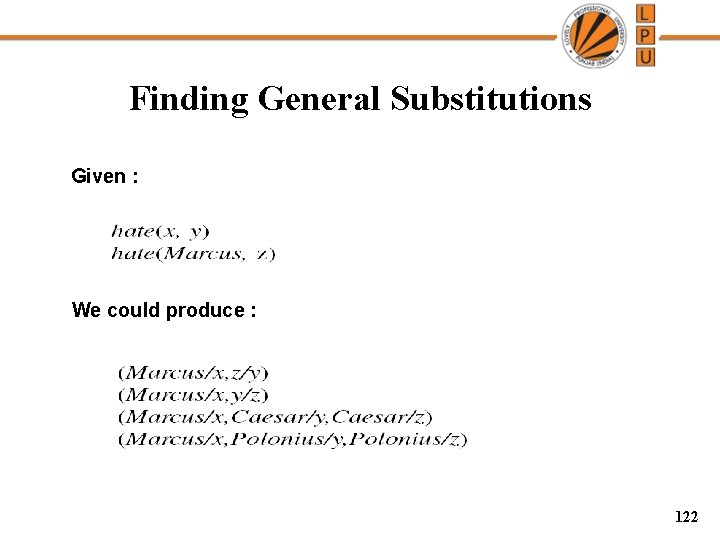 Finding General Substitutions Given : We could produce : 122 