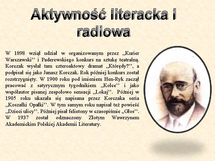 Aktywność literacka i radiowa W 1898 wziął udział w organizowanym przez , , Kurier