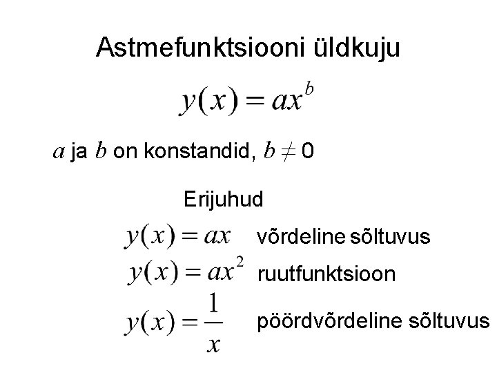 Astmefunktsiooni üldkuju a ja b on konstandid, b ≠ 0 Erijuhud võrdeline sõltuvus ruutfunktsioon