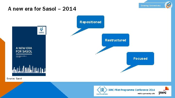 Creating Connections A new era for Sasol – 2014 Repositioned Restructured Focused Source: Sasol