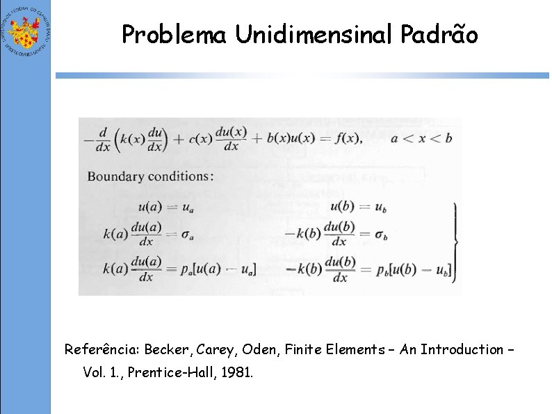 Problema Unidimensinal Padrão Referência: Becker, Carey, Oden, Finite Elements – An Introduction – Vol.