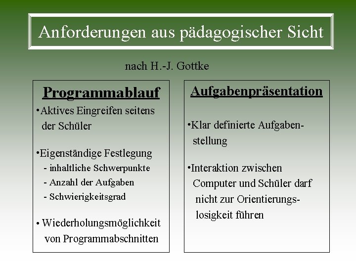 Anforderungen aus pädagogischer Sicht nach H. -J. Gottke Programmablauf • Aktives Eingreifen seitens der