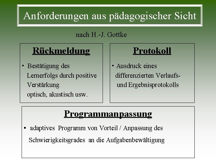 Anforderungen aus pädagogischer Sicht nach H. -J. Gottke Rückmeldung • Bestätigung des Lernerfolgs durch