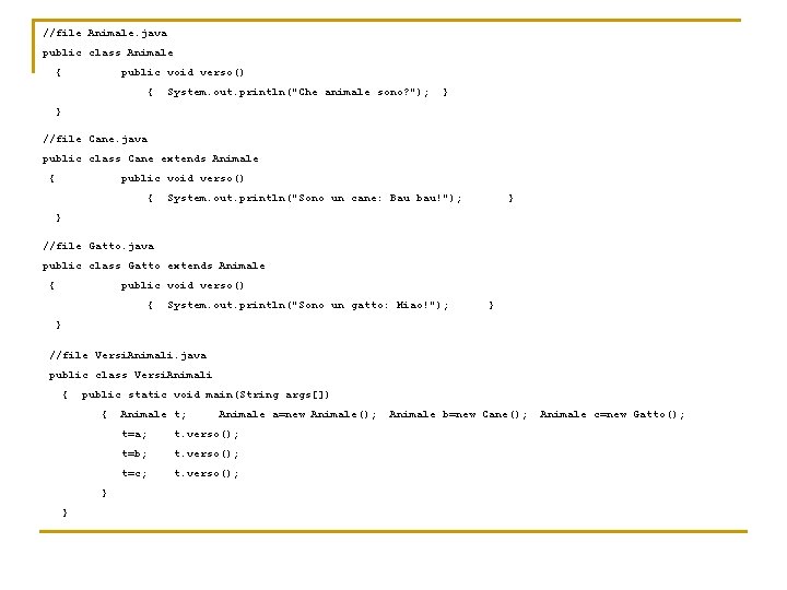 //file Animale. java public class Animale { public void verso() { System. out. println("Che