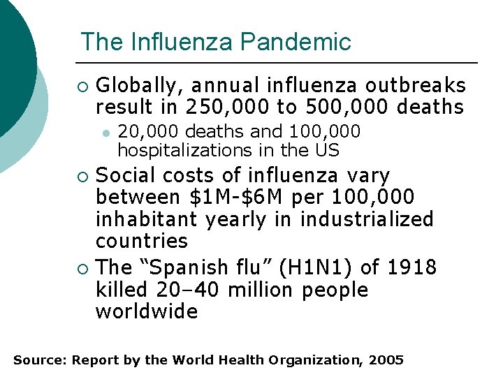 The Influenza Pandemic ¡ Globally, annual influenza outbreaks result in 250, 000 to 500,