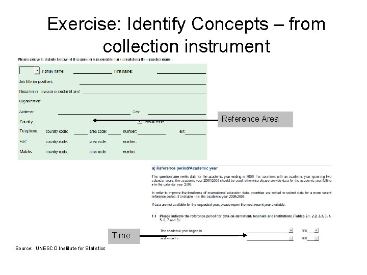 Exercise: Identify Concepts – from collection instrument Reference Area Time Source: UNESCO Institute for