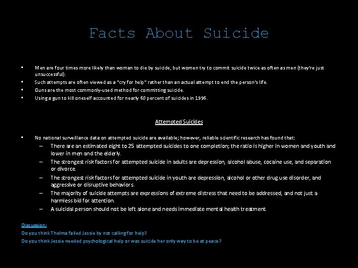 Facts About Suicide • • Men are four times more likely than woman to
