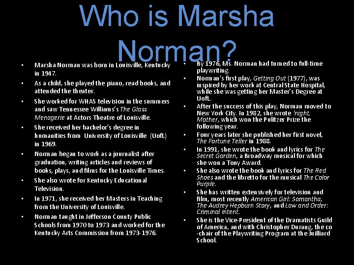 • • Who is Marsha Norman? Marsha Norman was born in Louisville, Kentucky