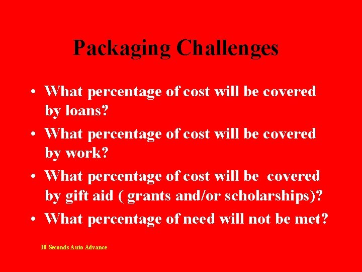 Packaging Challenges • What percentage of cost will be covered by loans? • What