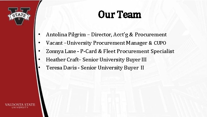 Our Team • • • Antolina Pilgrim – Director, Acct’g & Procurement Vacant –University