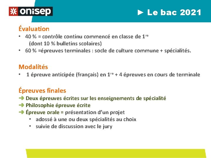 ► Le bac 2021 Évaluation • 40 % = contrôle continu commencé en classe ► Le bac 2021 Évaluation • 40 % = contrôle continu commencé en classe